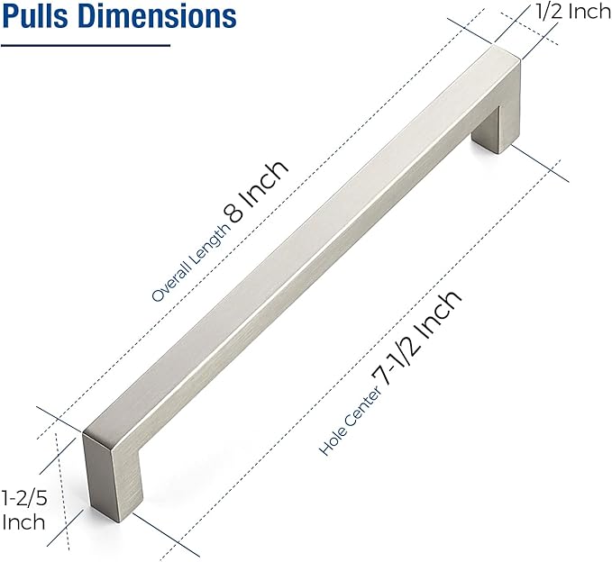 JOY DECOR 12 Pack Cabinet Handles, Brushed Nickel Cabinet Pulls, 7-1/2 Inch Kitchen Closet Handles Square Drawer Pulls Stainless Steel Drawer Hardware, 192mm Hole Centers