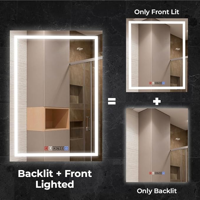 Fab Glass and Mirror Dimmable Lighted Bathroom Wall Vanity with Anti-Fog and Adjustable Colors Rectangular Frameless LED Mirror 40L X 18W Clear