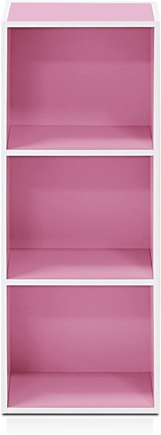 Furinno LUDER Book Shelf, 3-Cube Bookshelf, Bookcase, 9.3" x 12" x 31.5", for Living Room, Bedroom, Home Office, White/Pink