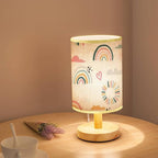 LOPYEIJFG Minimalist Bedside Table Lamp Seamless with Hand Drawn Rainbows and Sun Trendy Baby Texture for Wood Nightstand Lamp Bedside Desk Lamp Wood Base Flaxen Fabric Shade for Bedroom Living Room