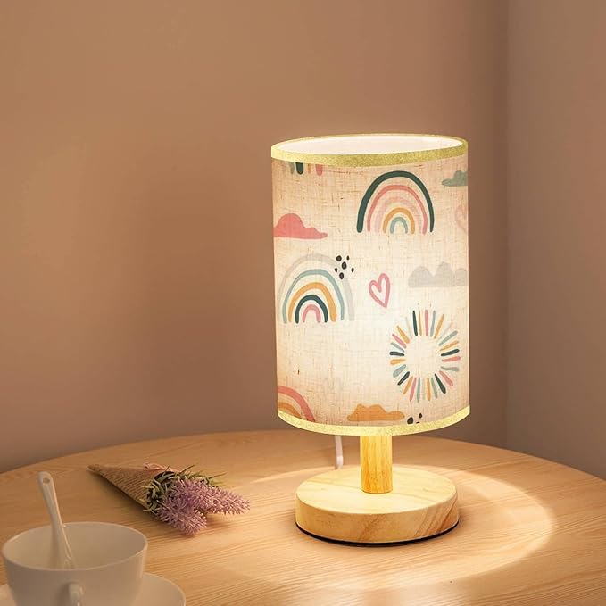 LOPYEIJFG Minimalist Bedside Table Lamp Seamless with Hand Drawn Rainbows and Sun Trendy Baby Texture for Wood Nightstand Lamp Bedside Desk Lamp Wood Base Flaxen Fabric Shade for Bedroom Living Room