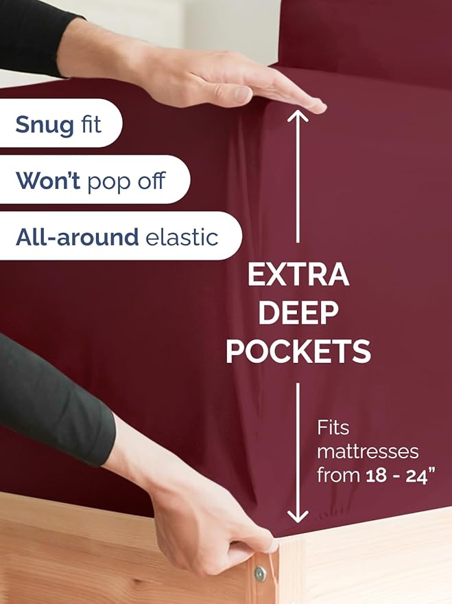 Extra Deep Full Sheet Set - 6 Piece Breathable & Cooling Sheets - Hotel Luxury Bed Sheets Set - Easy & Secure Fit - Soft, Wrinkle Free & Comfy Sheets Set - Burgundy Sheet Set with Extra Deep Pockets