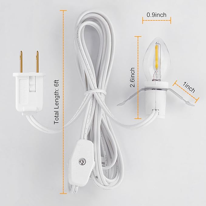 Brightown Accessory Cord with 2 LED Light Bulbs - UL Listed 5 Feet Christmas Village Cords, Rotary Switch, Fused Plug for Crafts, Halloween Pumpkin, Holiday Ornaments, White Cord, Warm White, 2 Pack