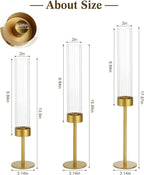 Glass Hurricane Candle Holders Set (3pcs)-Gold Metal Base Taper Candle Stick Holders for Candlesticks Holder Decor, Elegant Dining Table Centerpiece for Wedding, Christmas & Home Decor-Ribbed Glass