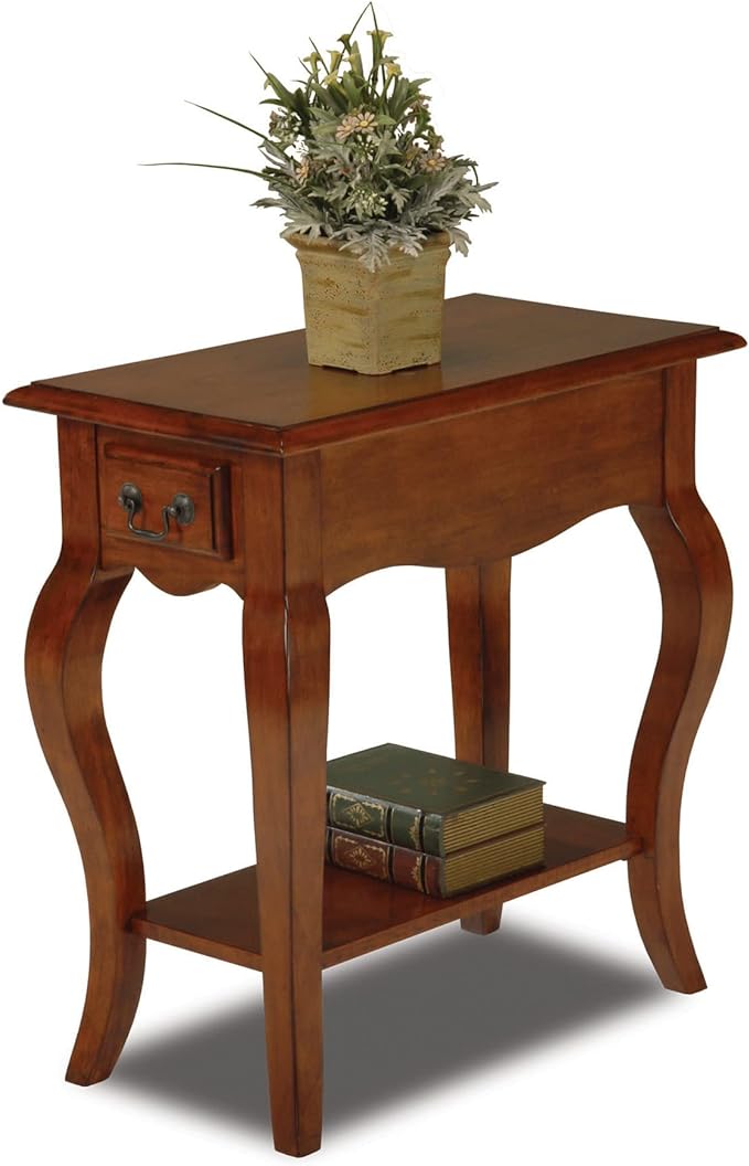 Leick Home Side Table, One Drawer, French Cabriole Leg, Shelf, Solid Poplar, Brown Cherry Finish, 12.5 in W x 23.5 in D x 24 in H, 9018-BR
