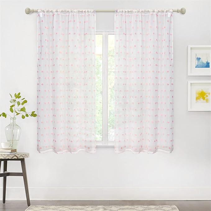 MYSKY HOME Pink Curtains for Bedroom 63 Inch Length Pom Pom Short White Sheer Curtains for Boys Room Kids Curtains Dining Room Rod Pocket Bohemian Farmhouse Window Drapes 52 x 63 in 2 Pieces