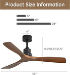 Sofucor 52 inch Ceiling Fan No Light, Solid Wood Indoor/Outdoor Ceiling Fans Without Lights, Remote Control, Reversible DC Motor, 3 Blade Low Profile Ceiling Fans for Patios, Bedroom, Farmhouse