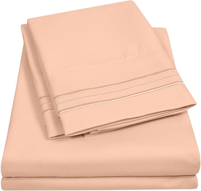 Sweet Home Collection California King Size Sheet Set with Built-in Sheet Straps - Deep Pocket Fitted Sheet, Flat Sheet & Pillowcases - Soft, Wrinkle-Free, Secure Fit - Peach