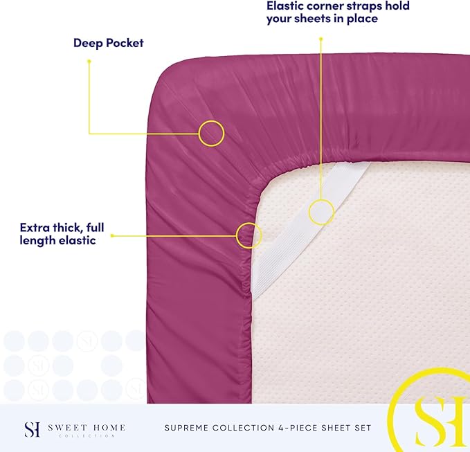 Twin XL Sheets - Breathable Luxury Sheets with Full Elastic & Secure Corner Straps Built In - 1800 Supreme Collection Extra Soft Deep Pocket Bedding Set, Sheet Set, Twin XL, Berry