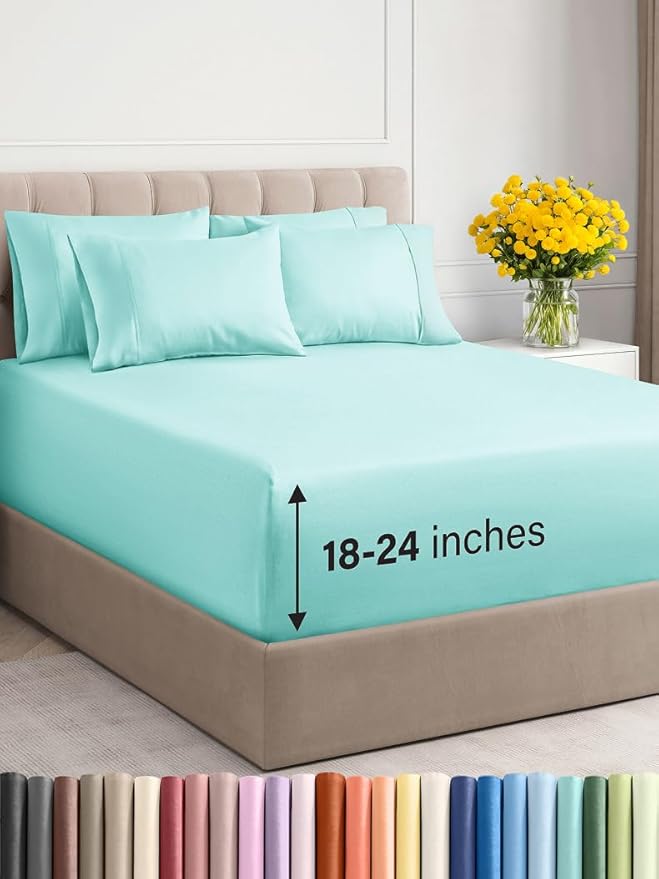 Extra Deep Queen Sheet Set - 6 Piece Breathable & Cooling Sheets - Hotel Luxury Bed Sheets Set - Easy & Secure Fit - Soft, Wrinkle Free & Comfy Sheets Set - Spa Blue Sheet Set with Extra Deep Pockets