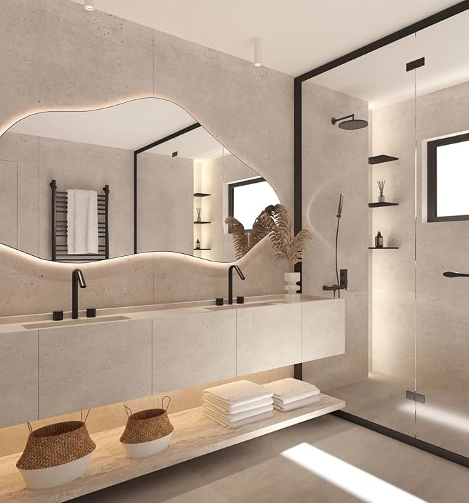 Asymmetrical Bathroom LED Mirror, Modern Irregular Shape Wall Mirror with LED Lights, Frameless Aesthetic Backlit LED Illimunated Vanity Mirror (50" x 25" inc)