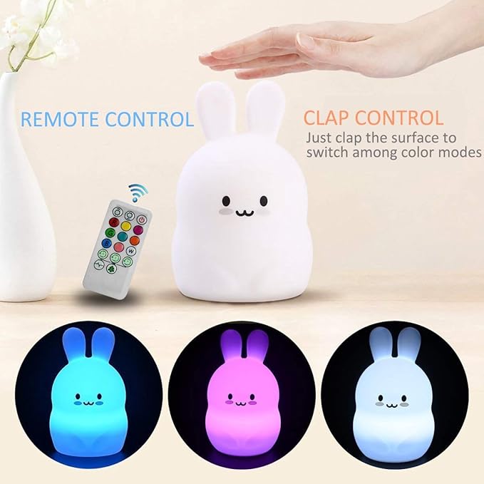 Rabbit Night Light for Kids, Rechargeable LED Children Lamp, Soft Silicone (BPA Free) for Baby/Boys/Girls/Adult, Remote & Touch Control Adjustable Brightness and Colors, Indoors/Outdoors