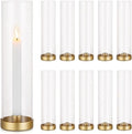Romadedi Glass Hurricane Candle Holders Gold - 12 Inch Taper Candlestick Holder Bulk Clear Glass Cylinder Table Centerpiece Wedding Decor Party Birthday Christmas Home Decorations, Set of 10
