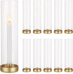 Romadedi Glass Hurricane Candle Holders Gold - 12 Inch Taper Candlestick Holder Bulk Clear Glass Cylinder Table Centerpiece Wedding Decor Party Birthday Christmas Home Decorations, Set of 10