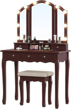 Tiptiper Vanity Desk, Makeup Vanity with Lighted Tri-Folding Mirror & Stool, Vanity Table Set with 10 LED Light Bulbs & 3 Color Lighting Modes, Makeup Table with 5 Storage Drawers, Brown