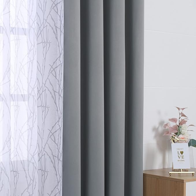 BONZER Mix and Match Curtains - 2 Pieces Branch Print Sheer Curtains and 2 Pieces Blackout Curtains for Bedroom Living Room Grommet Window Drapes, 54x108 Inch/Panel, Light Grey, Set of 4 Panels