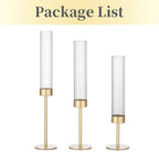 Hewory Gold Hurricane Candle Holders: Brass Candlestick Holders Set of 3 Tall Taper Candle Holders for Candlesticks Candle Sticks Holder Decor for Table Centerpiece Wedding Party Christmas Decorations