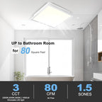 Tech Drive Bathroom Exhaust Fan with Light, 80 CFM, Super Quiet 1.5 Sone Bathroom Fan with Light, 1000lm Dimmable 3CCT LED Light 3000K/4000K/5000K Selectable, Energy Star Ventilation Fan, White