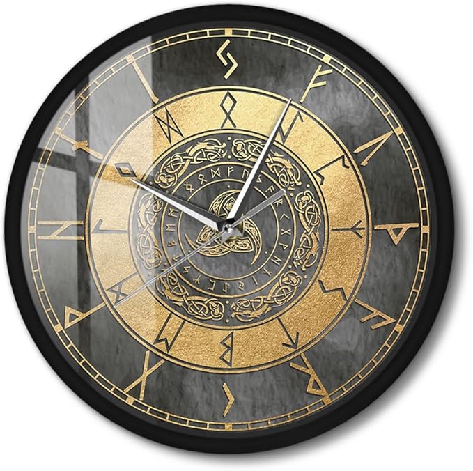 Triple Horn of Odin Decorative Wall Clock with Metal Frame, 12 Inch Viking Decor Nordic Sign Clock Scandinavic Mythology Celtic Rune Norse Pagan Clock Silent Movement Viking Gifts for Men