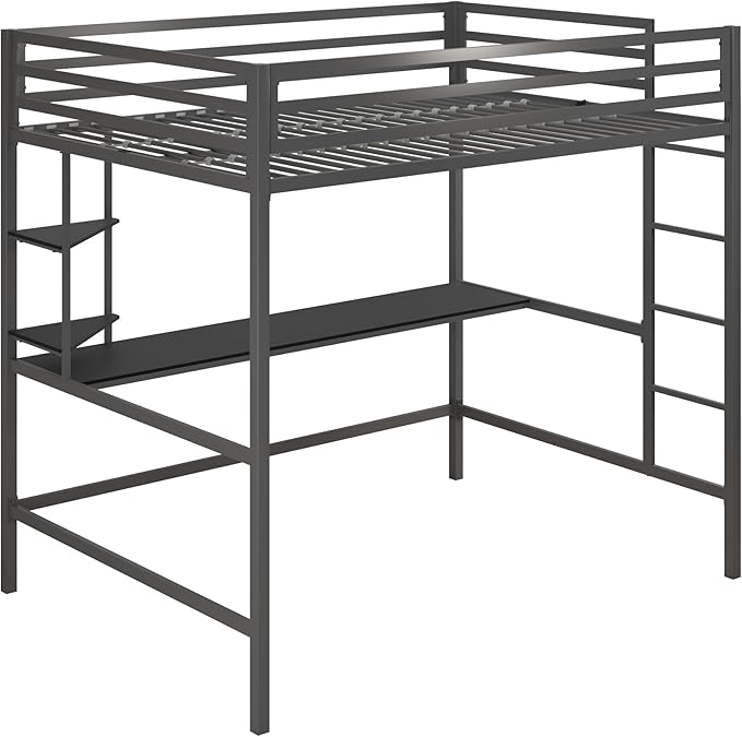 Novogratz Maxwell Metal Full Loft Bed with Desk & Shelves, Gray/Black