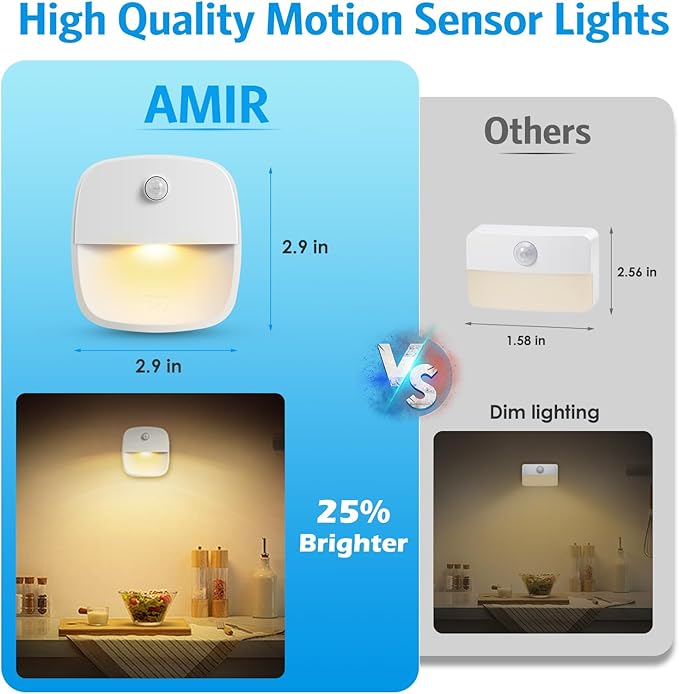 AMIR Upgraded Indoor Motion Sensor Light with PIR Technology - Battery-Powered Wall & Cabinet LED Night Light for Hallway, Bathroom, Kitchen, Stairs (Warm White, 6-Pack)