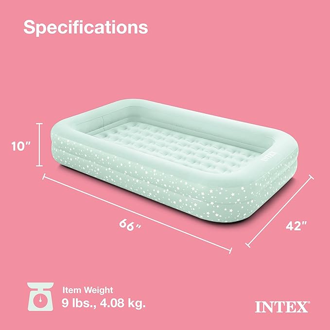 Intex Kids Travel Air Mattress Inflatable Bed with Raised Sides and Hand Pump - Portable Blow-Up Toddler Traveler Bed for Children's Naps or Sleep