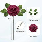 JOYLEX Artificial Flowers Realistic Roses, Real Looking Fake Roses with Stem for DIY Wedding Bouquets Centerpieces Bridal Shower Party Home Romantic Decorations (Wine Red, Regular 3" - 200pcs)