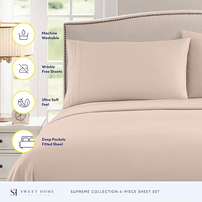 King Size Sheets - Breathable Luxury Bed Sheets with Full Elastic & Secure Corner Straps Built In - 1800 Supreme Collection Extra Soft Deep Pocket Bedding Set, Sheet Set, King, Beige