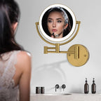 Hardwired Bathroom Makeup Mirror Wall Mount Gold, Double Sided 1/10X Magnifying Make up Mirror with Lights 3 Color & Adjustable Brightness, 360 Swing Arm Shaving Mirror, Brushed Moderne Brass