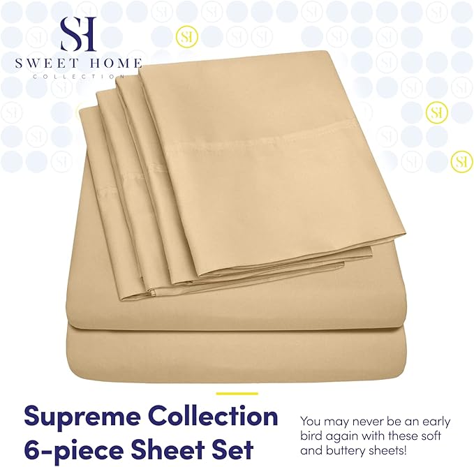Sweet Home Collection 6 Piece 1500 Supreme Collection Brushed Microfiber Deep Pocket Sheet Set-2 Extra Pillow Cases, Great Value, Rv Short Queen, Camel