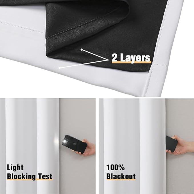 ChrisDowa White 100% Blackout Curtains for Bedroom with Black Liner, 2 Thick Layers Total Blackout Thermal Insulated Grommet Window Curtains 2 Panels Set (Pure White, 42 x 84 Inch)