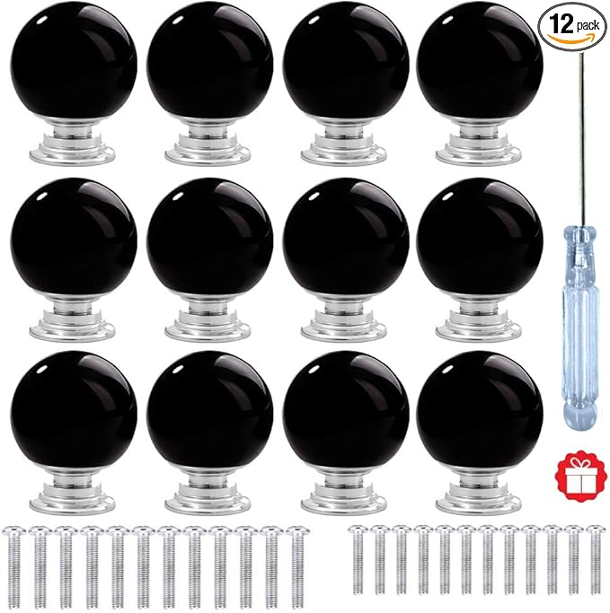 12 Pcs 30mm Round Shape Bubble Crystal Glass Cabinet Knobs with Screws Drawer Knob Pull Handle Used for Kitchen, Dresser, Door, Cupboard (Black)