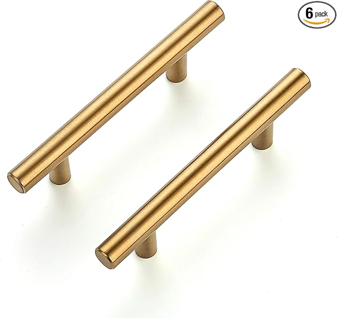 Ravinte 6 Pack 5 Inch Cabinet Pulls Brushed Brass Stainless Steel Kitchen Drawer Pulls Cabinet Handles 5”Length, 3” Hole Center