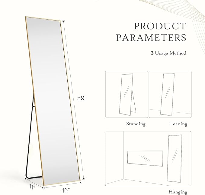 DUMOS Wall-Mounted Full Length Mirror 59"x 17" for Bedroom, Full Body Floor Mirror with Stand, Hanging or Leaning for Wall, Gold