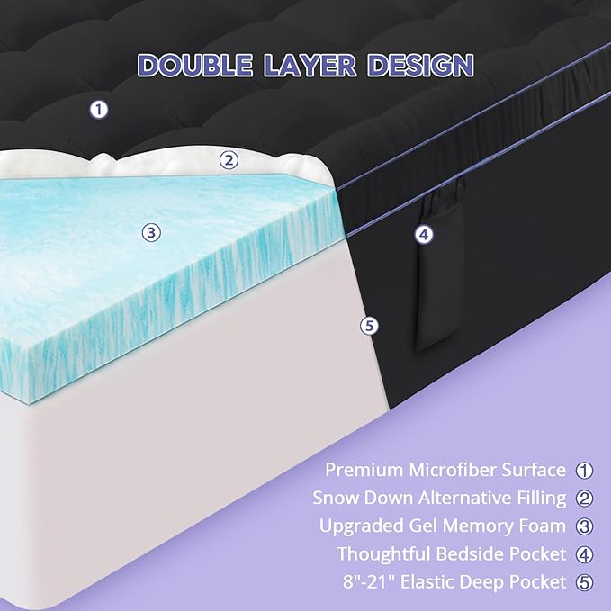 ABENE 3 Inch Dual Layer Memory Foam Mattress Topper, 2 Inch Memory Foam Plus 1 Inch Down Alternative Pillowtop Mattress Pad, with Bedside Pocket, Support for Back Pain (California King, Black)