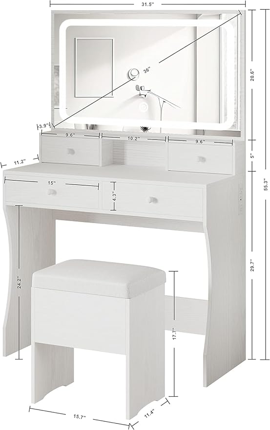 IRONCK Vanity Desk with LED Lighted Mirror & Power Outlet, Makeup Vanities Table with 4 Drawers,Storage Bench,Dressing Table for Bedroom White
