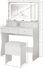 IRONCK Vanity Desk with LED Lighted Mirror & Power Outlet, Makeup Vanities Table with 4 Drawers,Storage Bench,Dressing Table for Bedroom White