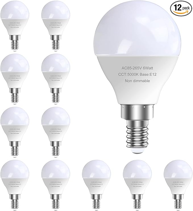 GOSCHE 12 Pack Bright Ceiling Fan Light Bulbs, 60 Watt Equivalent, 5000K, E12 Led Bulb, A15 Shape Candelabra Base Chandelier Light Bulb, 120V Small Bulb, Non-Dimmable, Daylight, 12 Pack