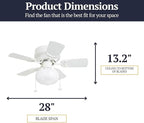 Prominence Home Hero, 28 Inch Traditional Flush Mount Indoor LED Ceiling Fan with Light, Pull Chain, Dual Finish Blades, Reversible Motor - 41530-01 (White)