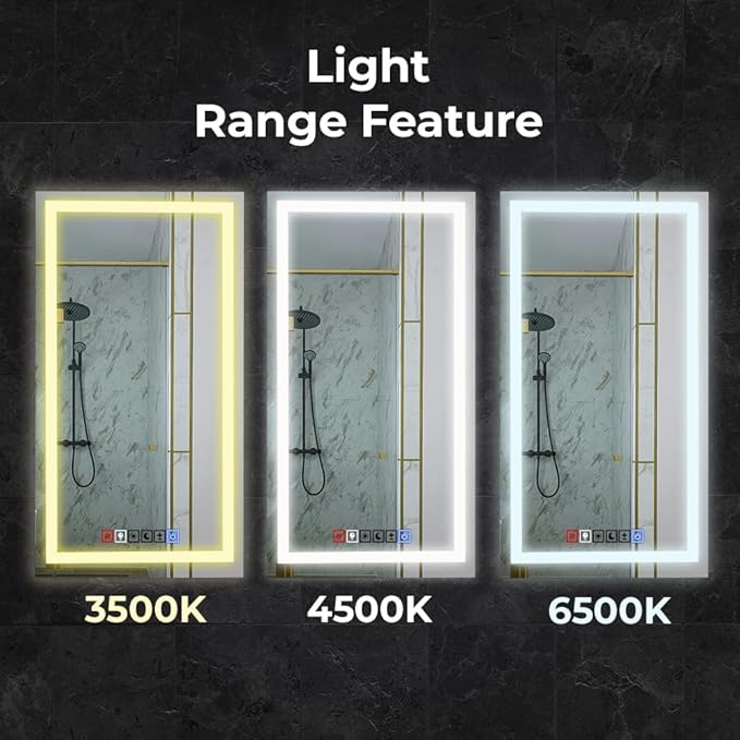 Fab Glass and Mirror Dimmable Lighted Bathroom Wall Vanity with Anti-Fog and Adjustable Colors Rectangular Frameless LED Mirror 40L X 18W Clear