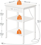 HOOBRO Side Table with Charging Station and USB Ports, Small End Table for Small Space, 3-Tier Nightstand with Adjustable Shelf, for Living Room, Bedroom and Balcony, White WW112BZ01