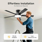 TALOYA Ceiling Fans with Lights and Remote, 52 inch Low Profile Ceiling Fan with Nightlight, Flush Mount, Reversible, 3CCT, Dimmable Black Modern Ceiling Fan for Bedroom, Living Room, Outdoor Patio