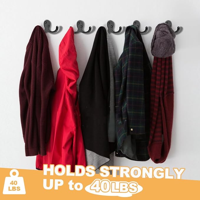 20 Pack Coat Hooks Wall Hooks for Hanging, Heavy Duty Double Prong Metal Hook Wall Mounted for Living Room, Bathroom, Kitchen, Bedroom for Coat, Bag, Scarf, Towel, Hat, Key, Cup (Black)