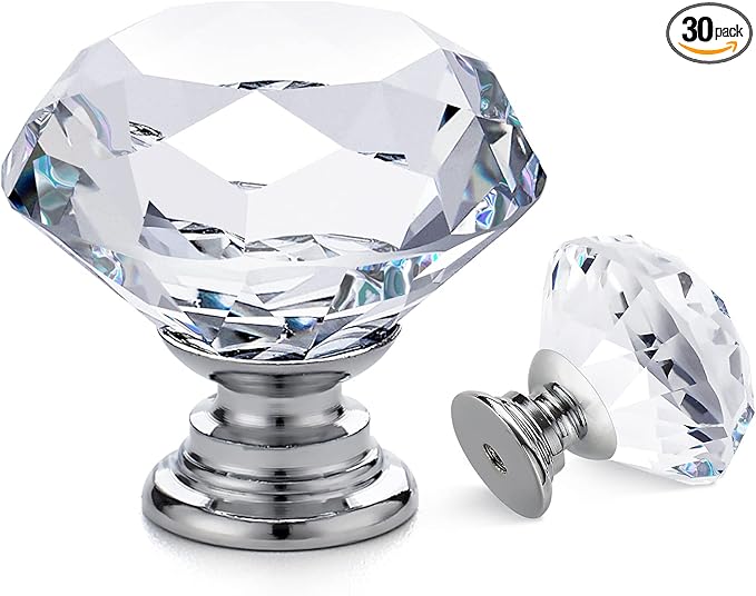 Ravinte 30 Pack Crystal Drawer Knobs - Glass Cabinet Knobs, Diamond Shaped, 30 mm, Silver Base