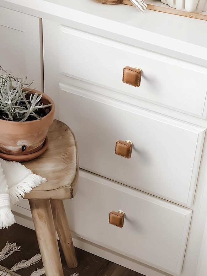5 Pack Brown Leather Drawer Pulls Square Leather Handles Cabinet knobs for Kitchen Bathroom Cabinets Dressers Furniture Handles