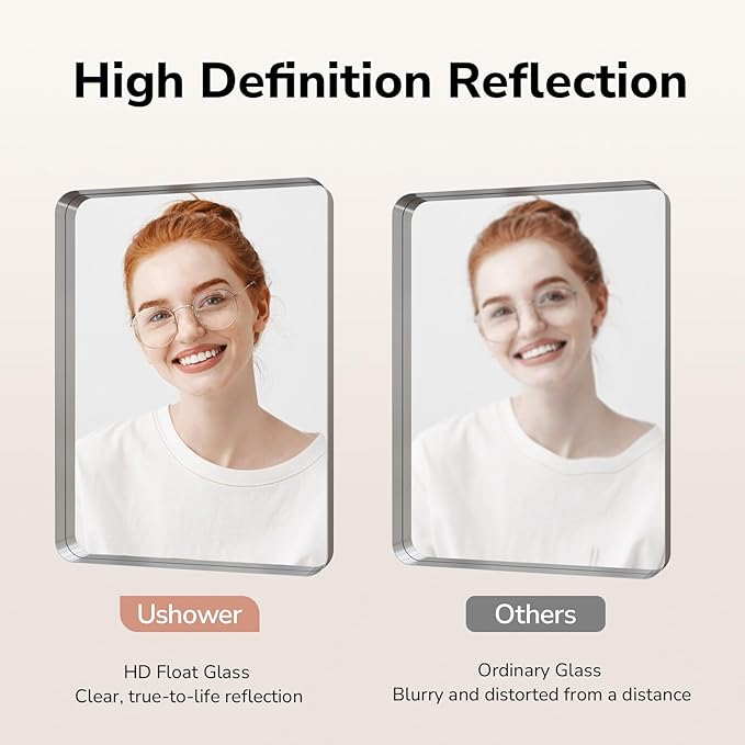 USHOWER Brushed Nickel Bathroom Mirror 24"x36", Silver Rectangle Mirror for Over Sink, Rounded Corner, Aluminum Frame, Anti-Rust, Tempered Glass, Horizontal or Vertical Mounted