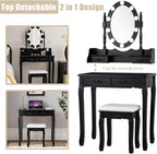 Giantex Makeup Vanity Table with 10 LED Lights, Adjustable Brightness, 4 Drawers, Rotatable Mirror, Cushioned Stool, Vanity Desk Dressing Table Bedroom Furniture (Black)
