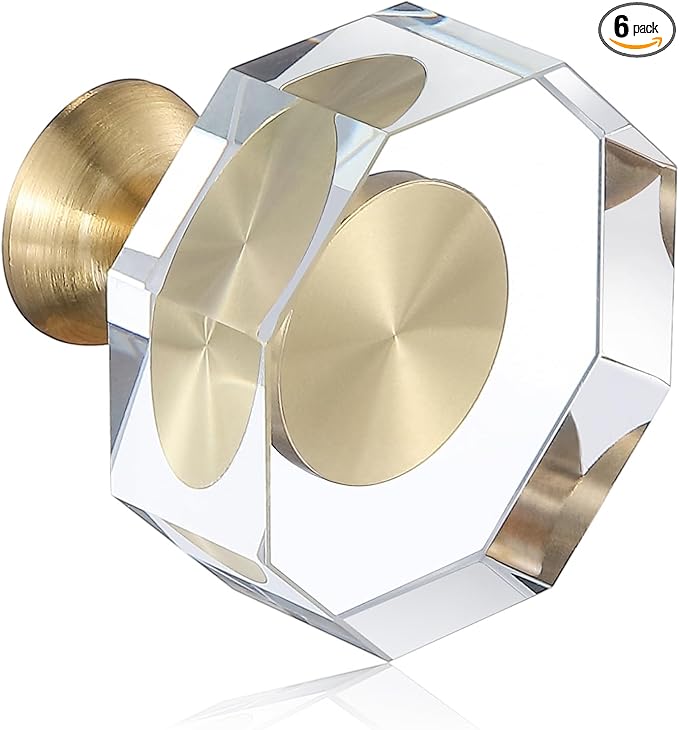 6-Pack 1-1/4-Inch Gold knob Dresser knobs White Cabinet Glass Crystal knobs Brass Drawer Polygonal Dresser Pulls, Drawer pulls
