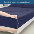 Queen Sheet Set for Air Mattress - Sheets Queen Size Bed Set - 3Pcs Side Storage Pocket Fitted Sheet & Pillowcases Easily Fits 16in to 24in Pillow Top Air Bed Mattress - Navy Blue
