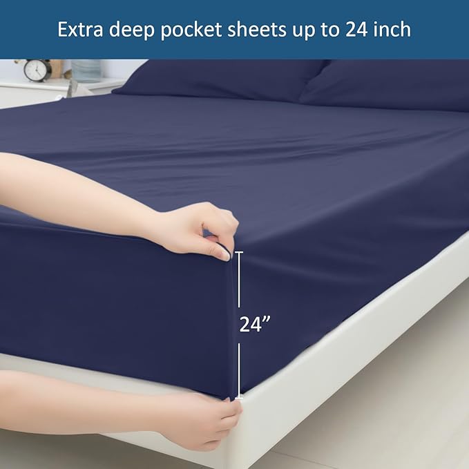 California King Sheet Sets for Air Mattress - Extra Deep Pocket Cal King Sheet Set - 3Pcs Side Storage Pocket Fitted Sheet & Pillowcases Easily Fits 16in to 24in Pillow Top Bed Mattress - Navy Blue